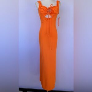 Almost Famous Women’s Orange Ribbed Maxi Dress Tie Front 2 Keyhole Cutouts Med